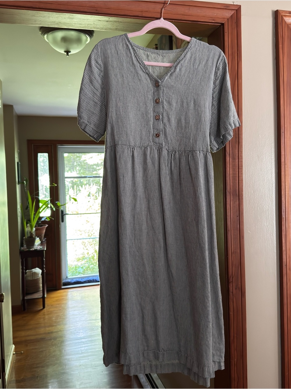 blue cream stripe linen midi dress size L